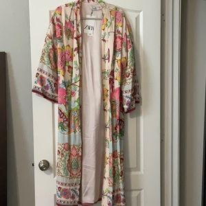 Zara Woman Pink Floral Print Kimono Coat Top Wrapped Belt S New